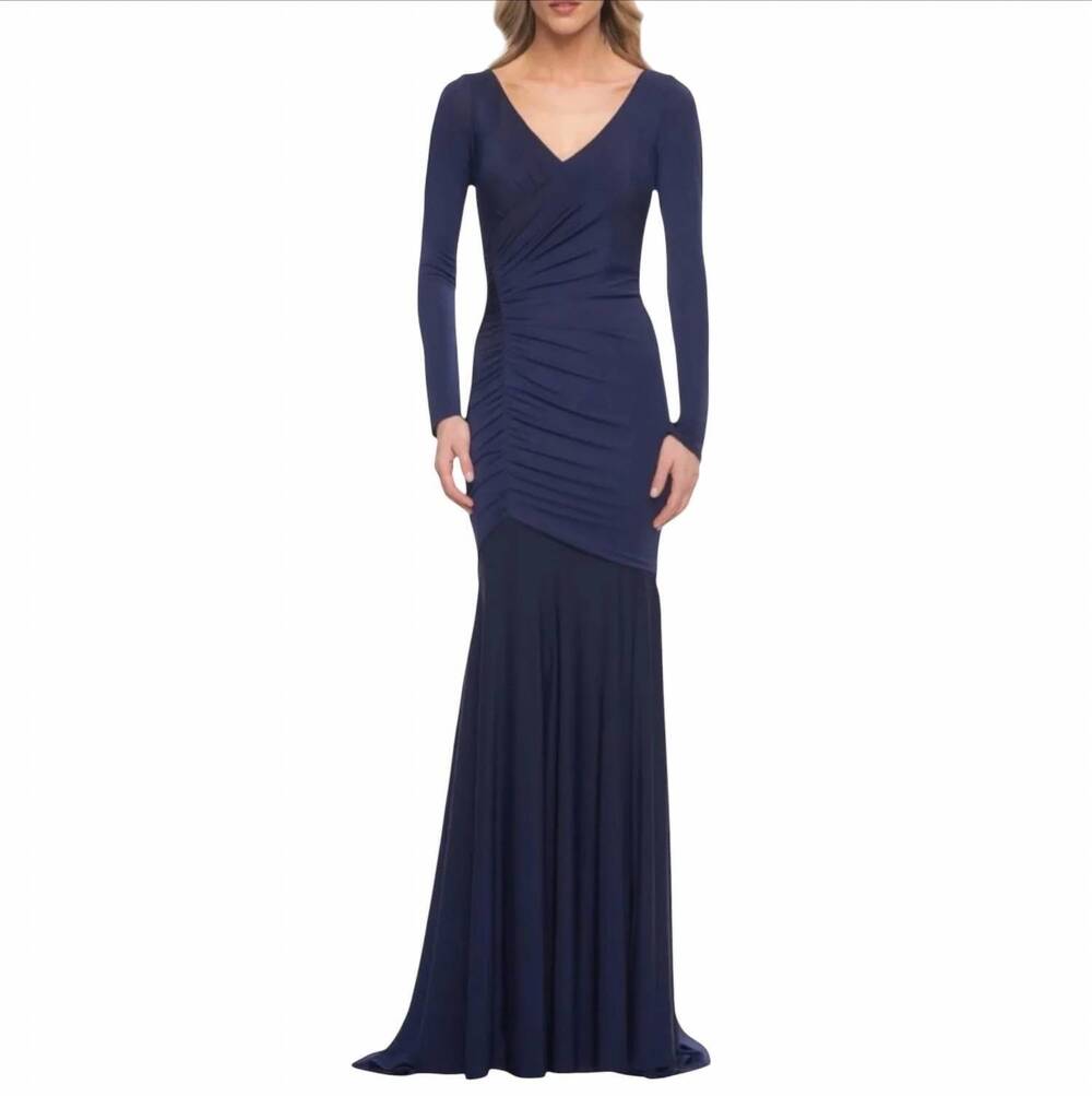 NEW LA FEMME women's ruched jersey long sleeve gown dress in navy